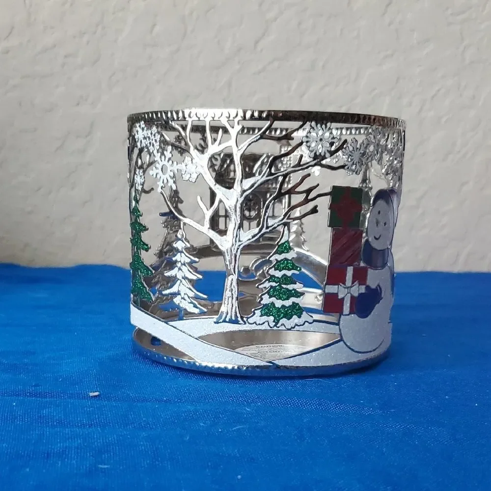 Bath & Body Works Holiday Snowman Scene 3-Wick Candle Holder Metal Sleeve Cutout